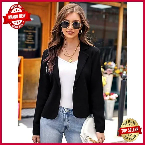 Cropped Knit Blazer Casual Work Chic Lightweight Button Front Sweater Jacket - Picture 3 of 7